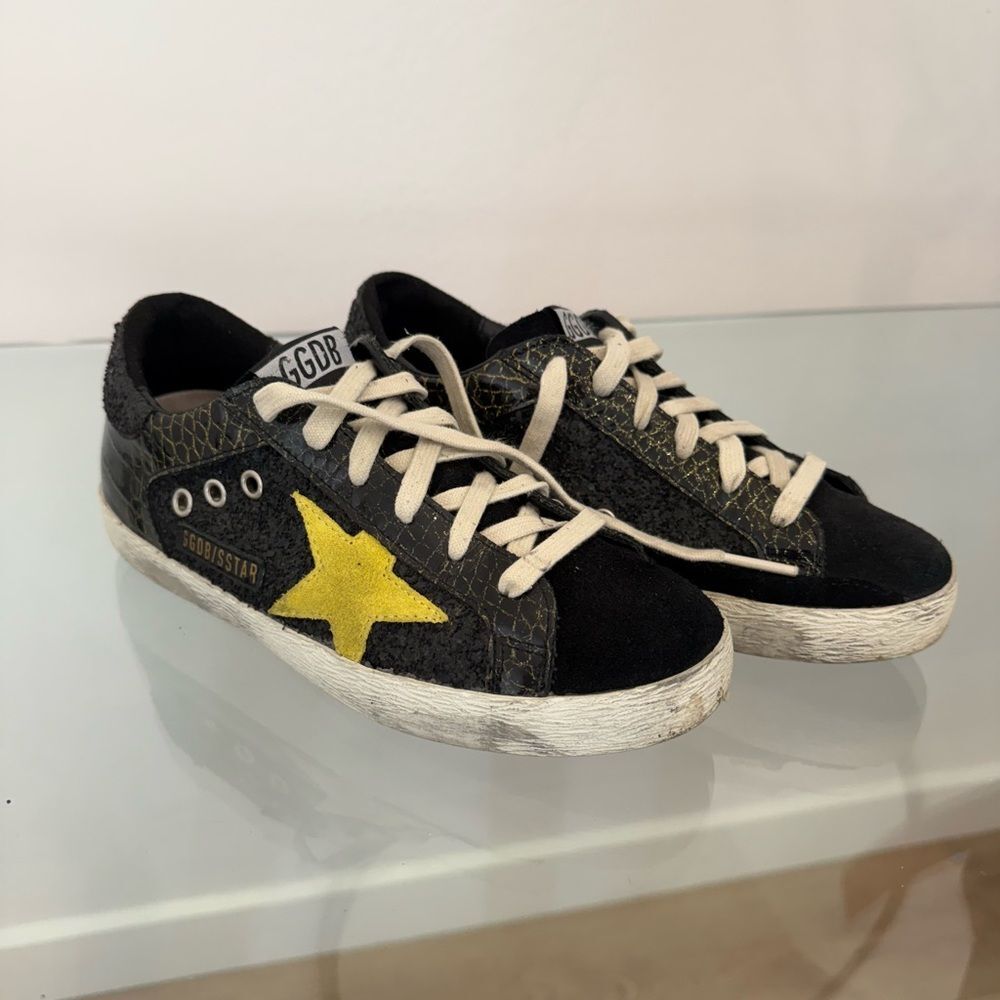 Golden Goose Croc Embossed and Suede Black Sneakers with Yellow Star, Size 36